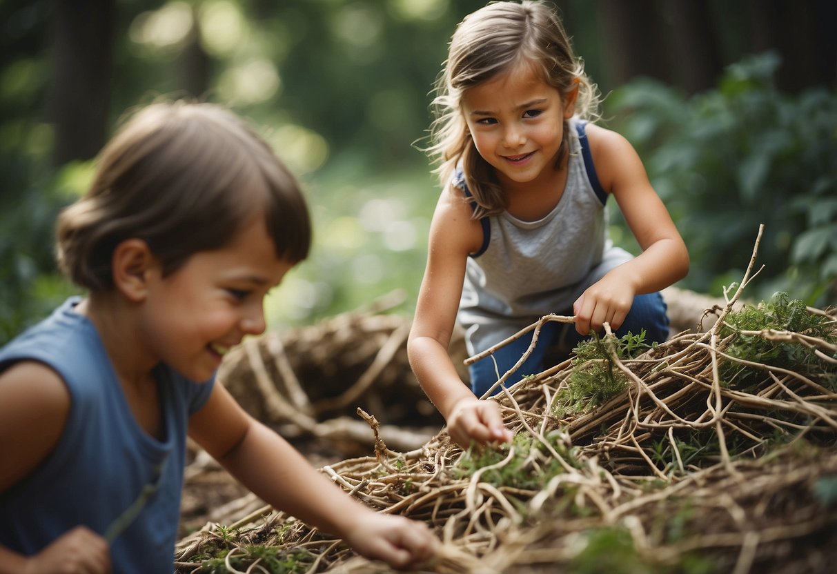 Children navigating a nature-themed obstacle course, engaging in noodle painting, and nest building with natural materials