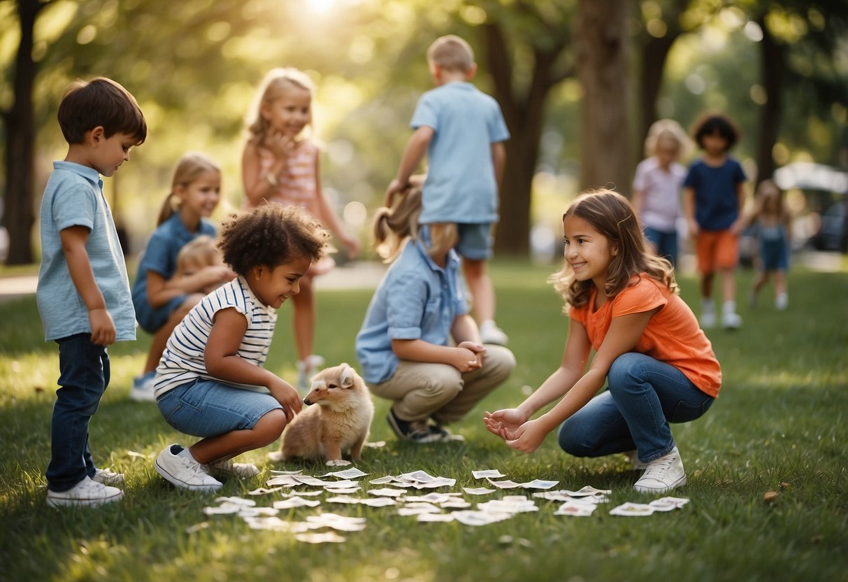 Children playing nature-themed games in a park: nature scavenger hunt, nature bingo, and nature charades. Trees, flowers, and animals surround them