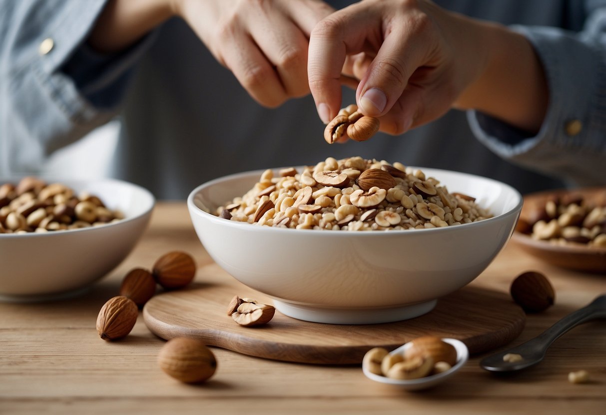 A person adding nuts to their morning oatmeal