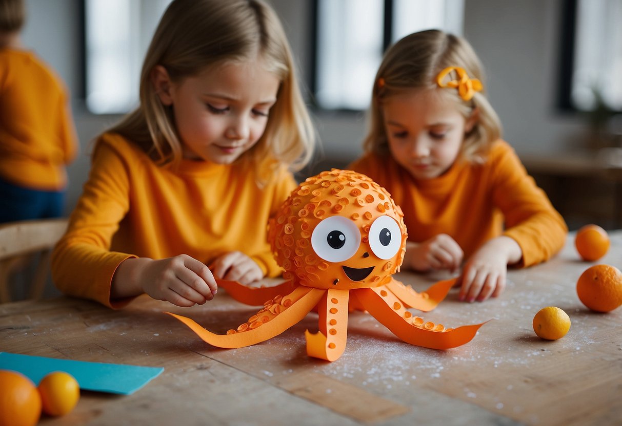 Children crafting an octopus out of orange paper, using orange paint and glitter to make it sparkle. Other kids are making owls with orange feathers and googly eyes