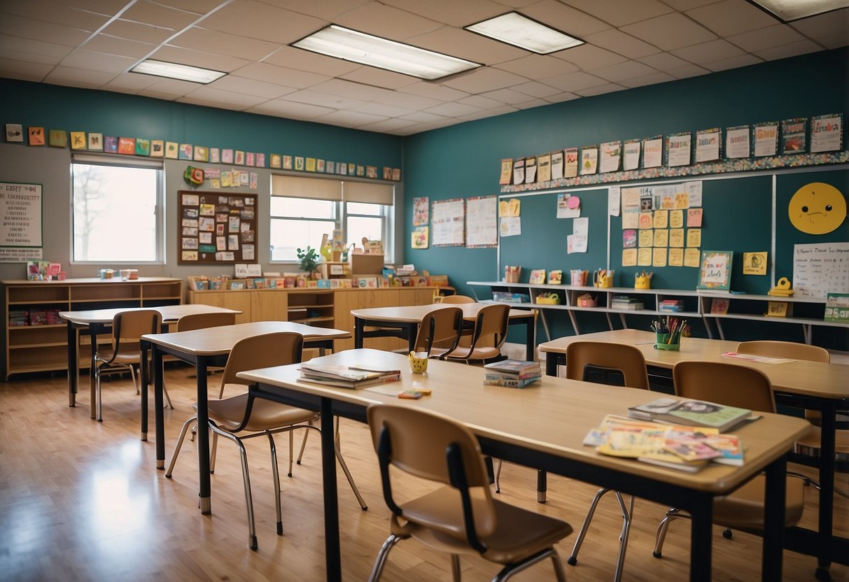 A classroom with O-themed posters, books, and activities displayed on shelves and tables. A large "O" letter decoration hangs on the wall