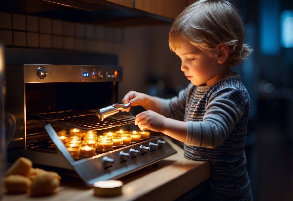 A child carefully organizes objects, operating a small toy oven