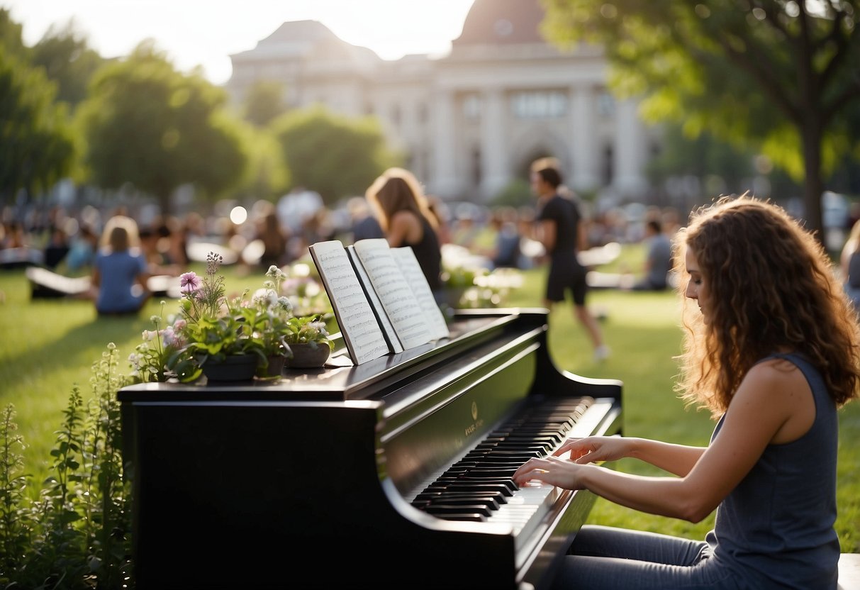 People playing piano, painting, planting, and practicing yoga in a peaceful park