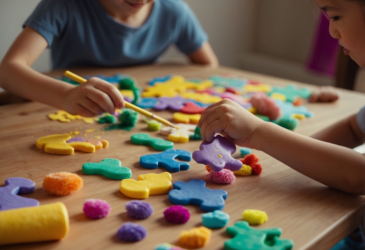 Children painting, pasting, and playing with puzzles. Pencils, paper, and pom-poms scattered on a table. Brightly colored playdough being rolled and pressed