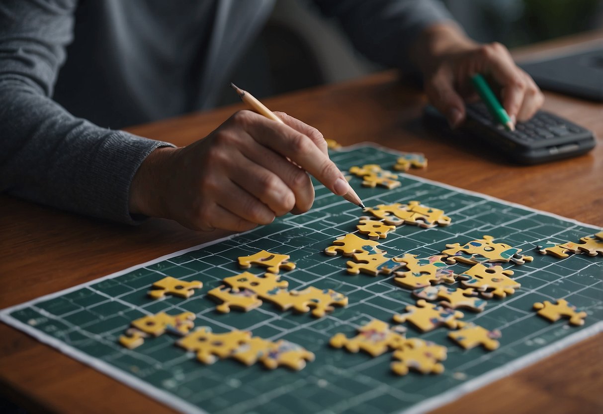 A table with a printed puzzle and a pencil. A person solving the puzzle