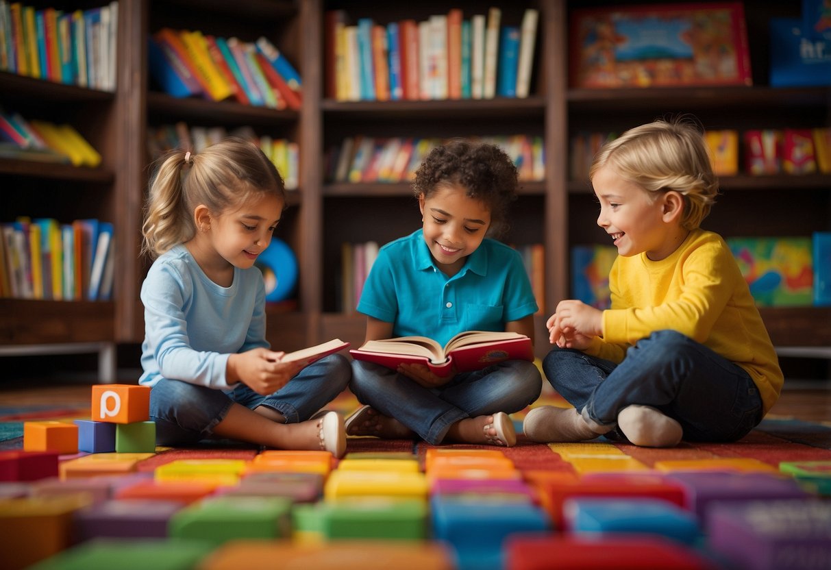 Children gather around a colorful bookshelf. A storyteller engages them with expressive gestures. Alphabet blocks and picture books are scattered on the floor