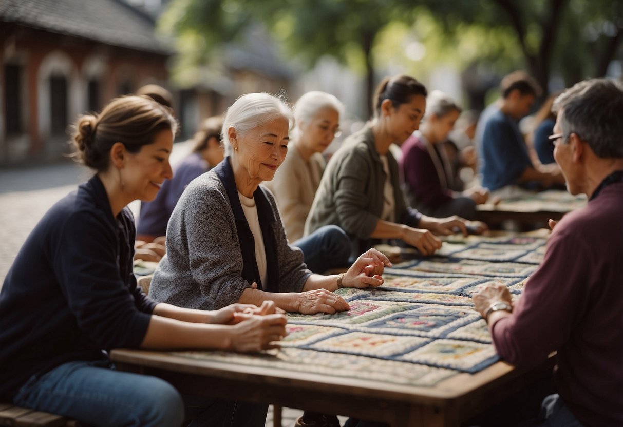 People quilting, quizzing, or practicing qigong in a quiet, quaint village square