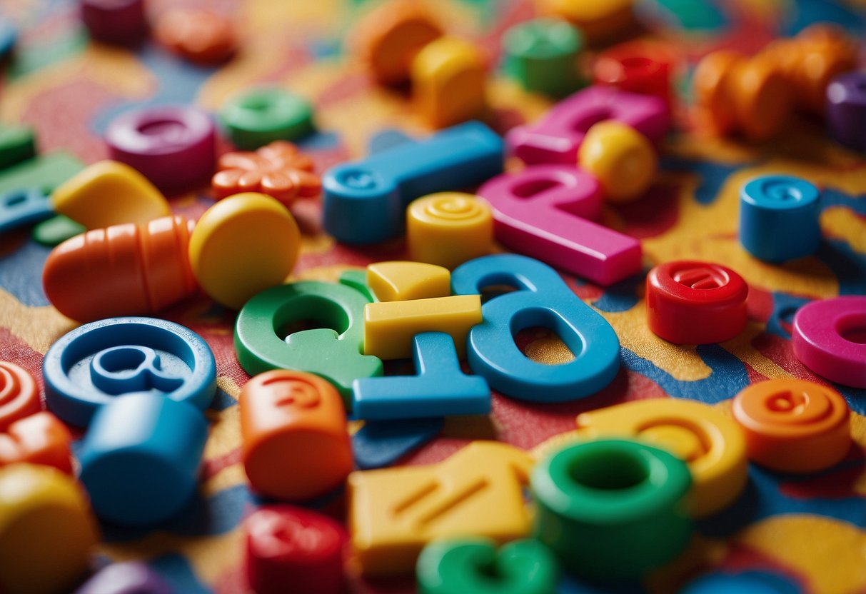 Colorful toys and games scattered on a vibrant playmat, with a big letter "Q" in the center