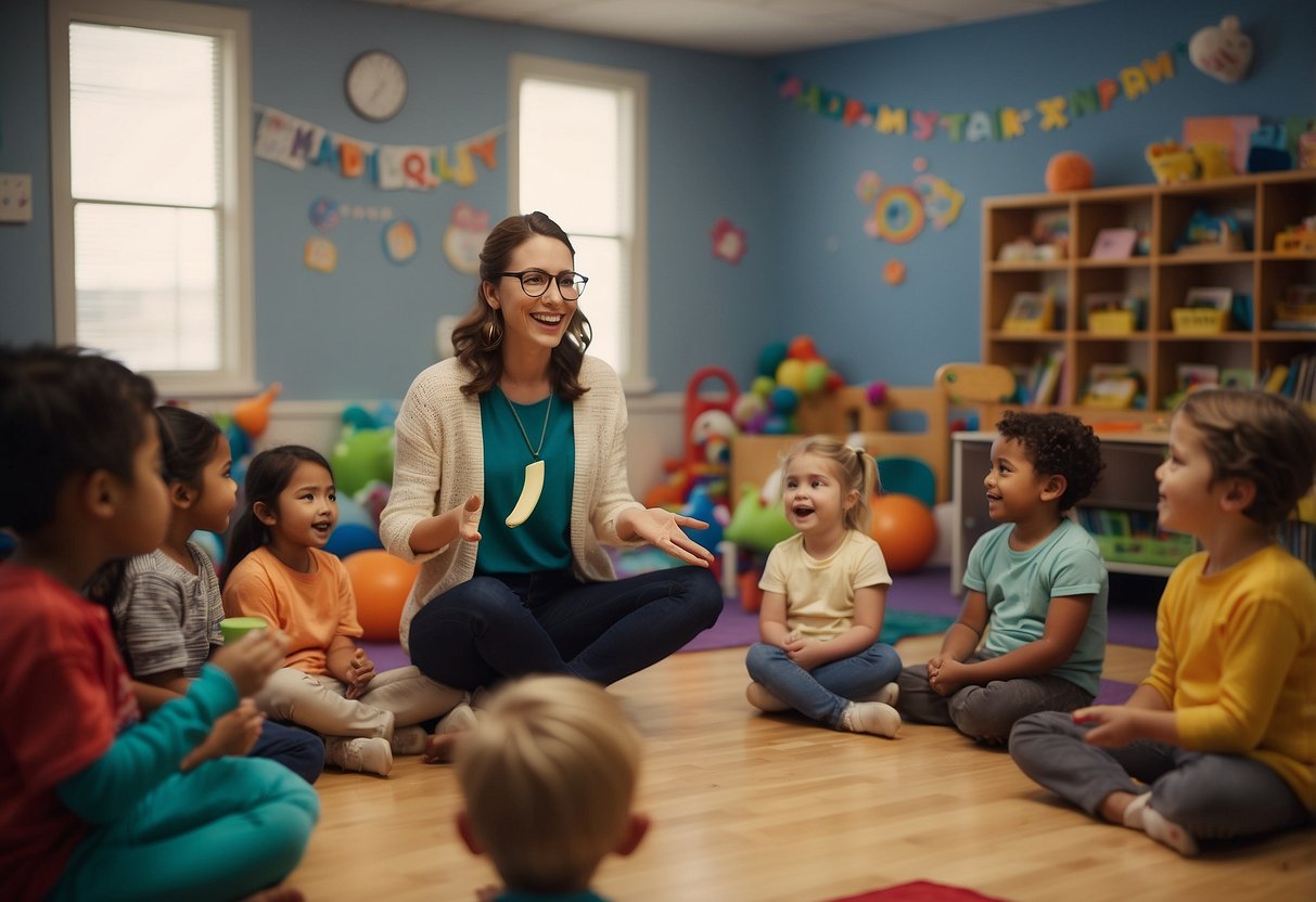 Children circle around a teacher leading a lively story and song session, with colorful props and interactive activities beginning with the letter Q