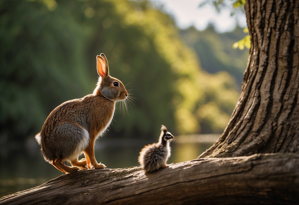 A rabbit races a rooster, while a raccoon roams nearby. A robin rests in a tree, as a river ripples in the background