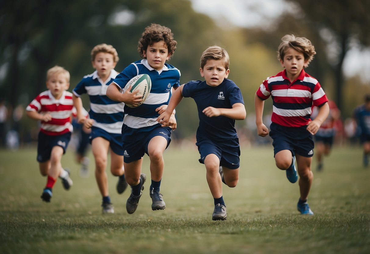 Children racing, running, and playing rugby in a park