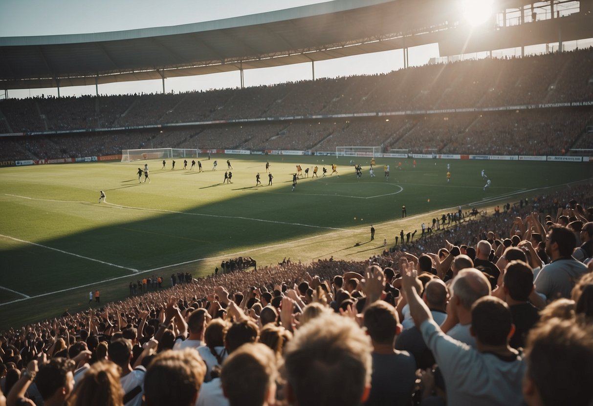 A soccer game in a sunny stadium with spectators cheering