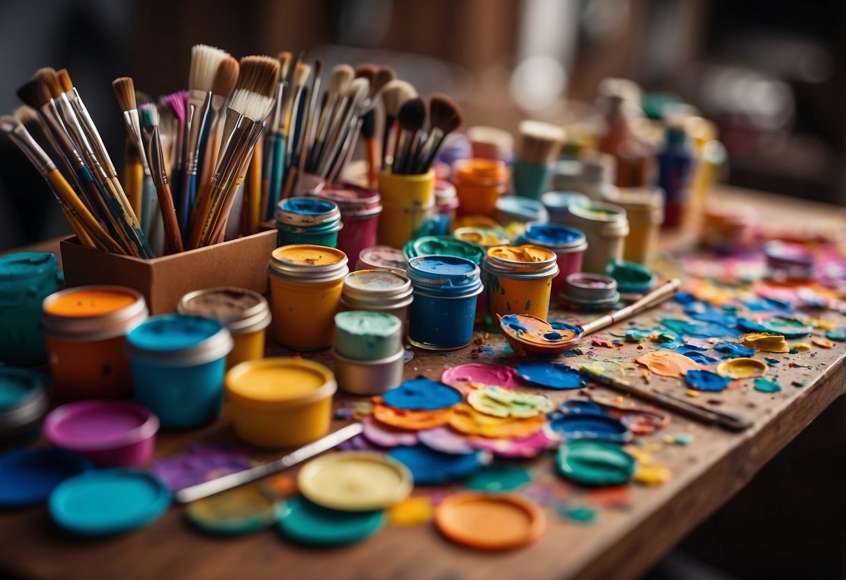 Colorful paints and brushes scattered on a table, with paper and scissors nearby. A completed paper sculpture sits on a shelf