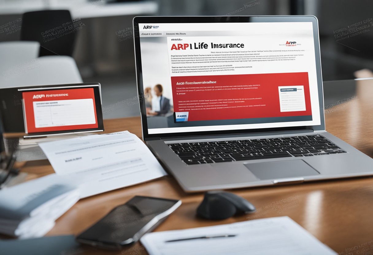 AARP Life Insurance enrollment scene: A desk with paperwork, a computer, and a New York Life for AARP Members brochure