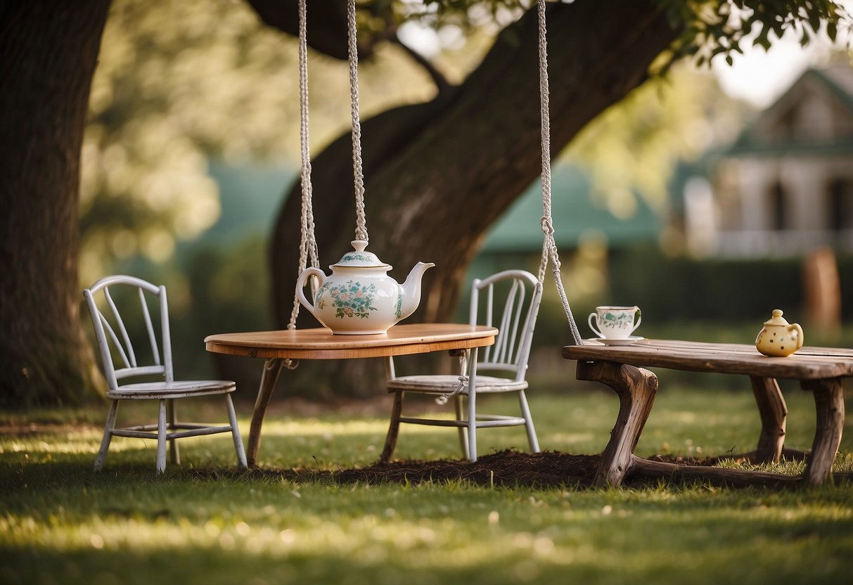 A table set for tea with teapot, teacups, and teaspoons. A tennis court with players and a ball in motion. A treehouse with children playing and a tire swing hanging from a branch