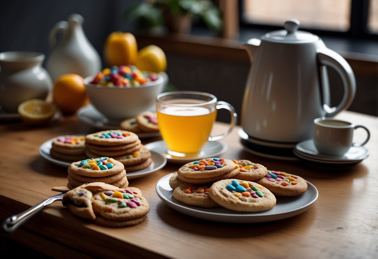 Colorful treats and tools on a tidy table. A toaster, teapot, and tongs. Cookies, tarts, and tea ready for tasting