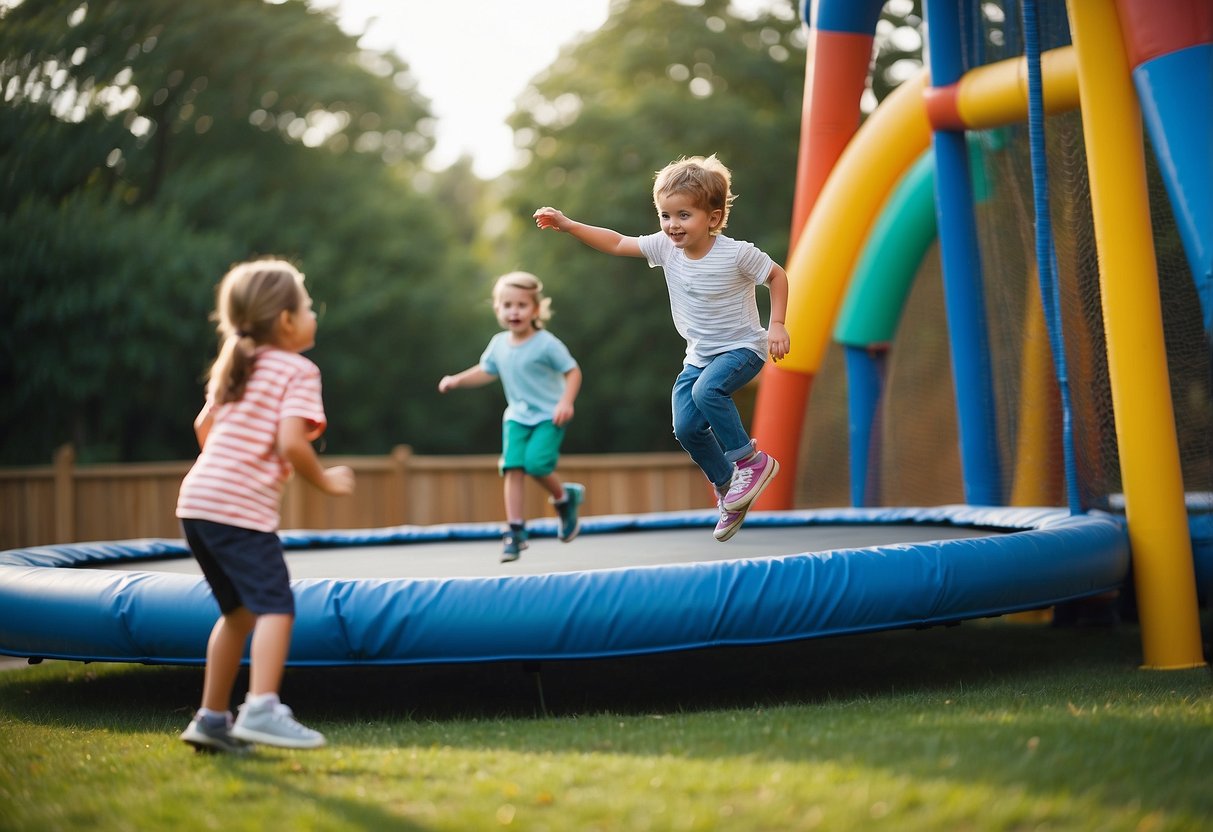 Children playing tag, tossing a ball, and tumbling on a trampoline in a vibrant playground