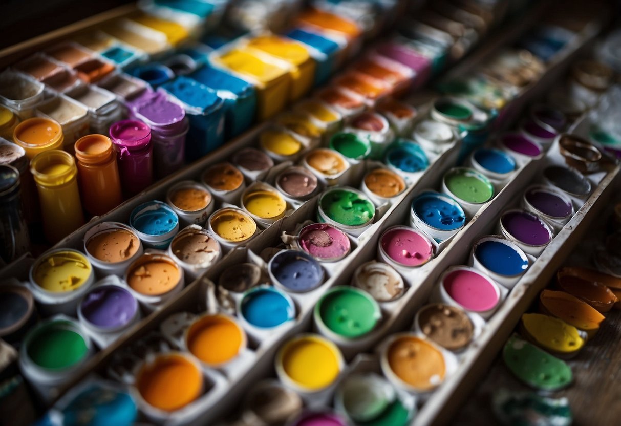 Colorful paints, brushes, and paper scattered on a table. A variety of unique and creative art supplies neatly organized in shelves