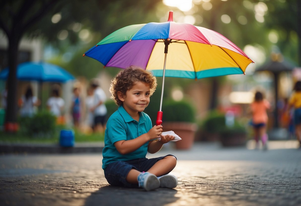 Children playing educational games and activities under a colorful umbrella