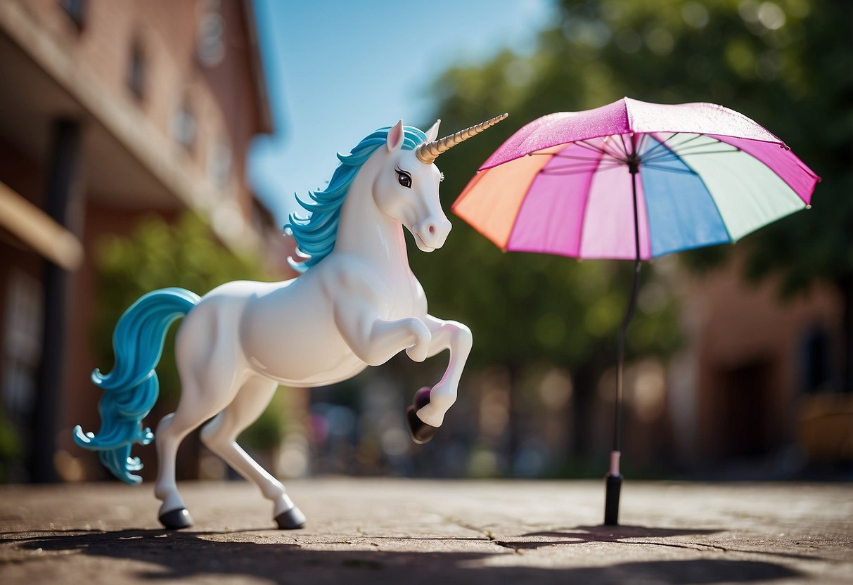 A unicorn prancing under a umbrella in a utopia of unicorns