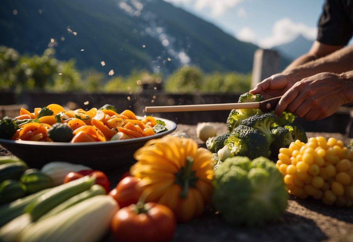 Vibrant vegetables being chopped, a violin being played, a volcano erupting, and a volleyball game in action