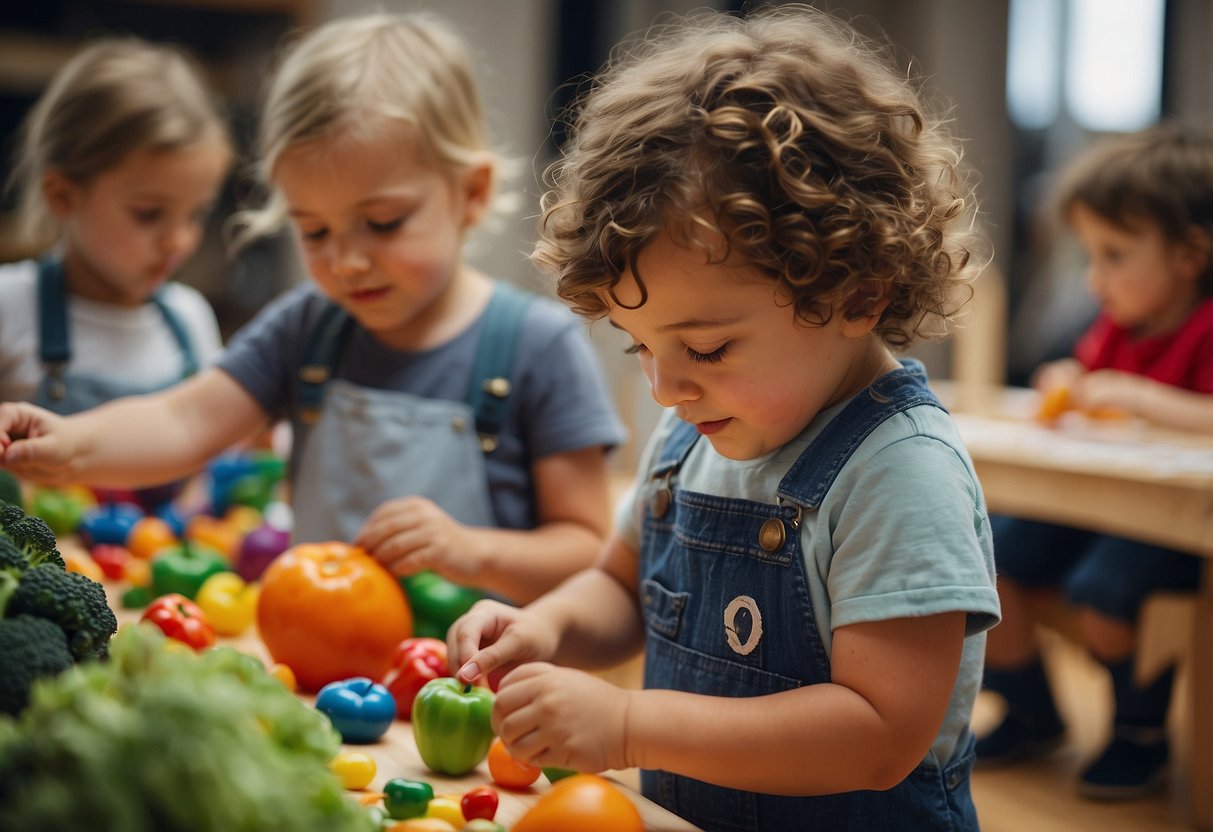 Preschoolers playing with vibrant visual aids, engaging in various educational activities like painting, playing with vegetables, and exploring virtual reality