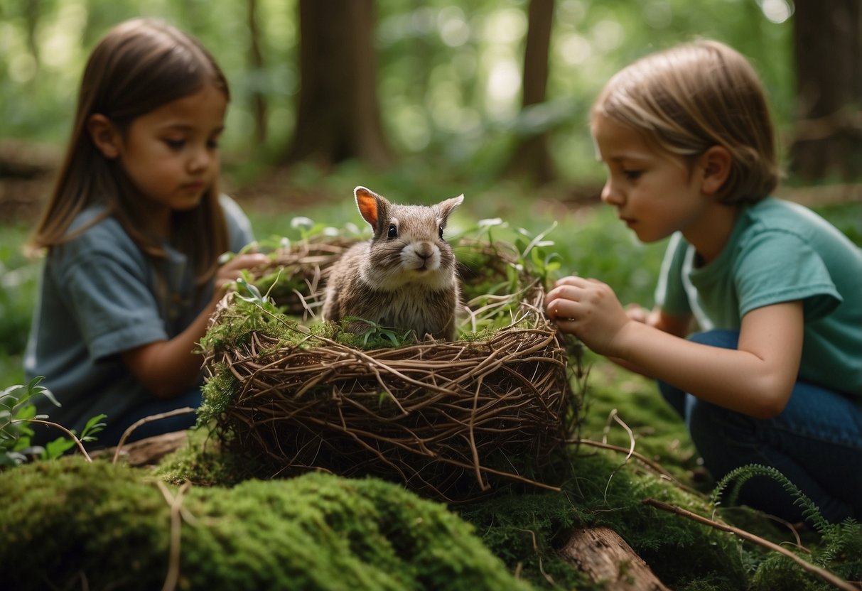 Animals weaving intricate nests in lush woodland, while children watch and create their own natural crafts