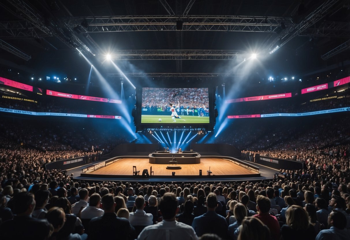 A crowded sports arena with a speaker on stage, surrounded by sponsors and industry professionals. A large screen displays the topic "Factors Influencing Speaker Fees."