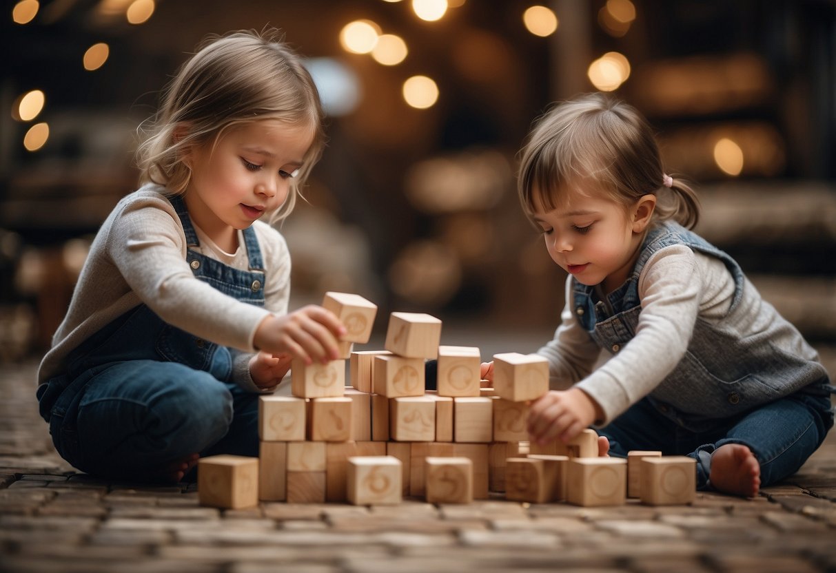 Children playing with wooden blocks, weaving fabric, or working on puzzles