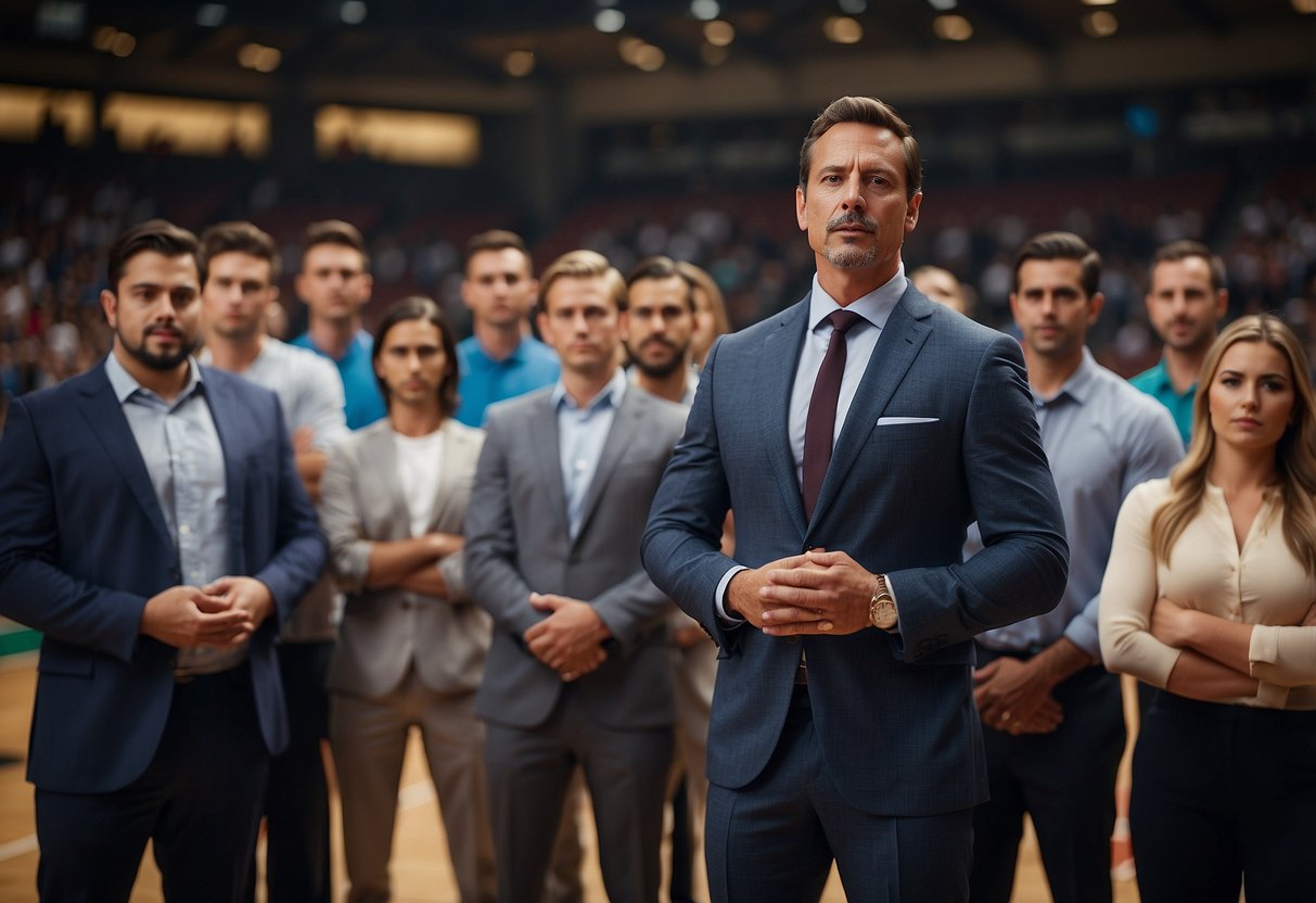 A professional sports personality stands confidently, surrounded by a group of attentive listeners. Negotiation tips are being exchanged, with a focus on understanding speaker fee fundamentals