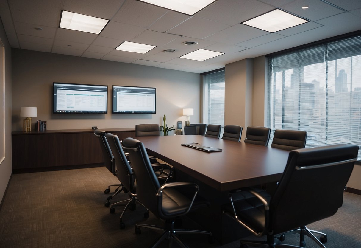 A conference room with a table covered in papers, laptops, and research materials. A whiteboard displays negotiation strategies. Sports memorabilia decorates the walls