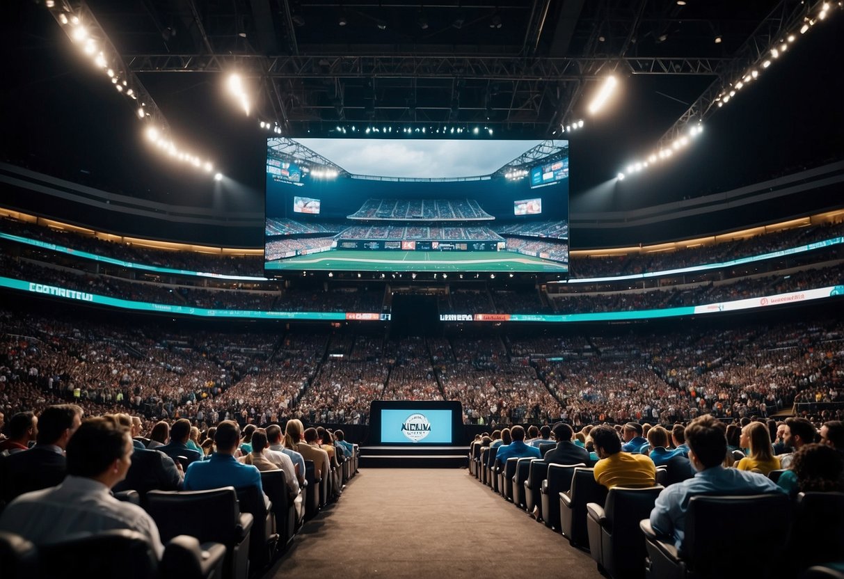 A crowded stadium with a stage set up for a speaker, surrounded by banners and logos of professional sports teams. A contract and dollar signs symbolize the financial aspect of the speaking engagement