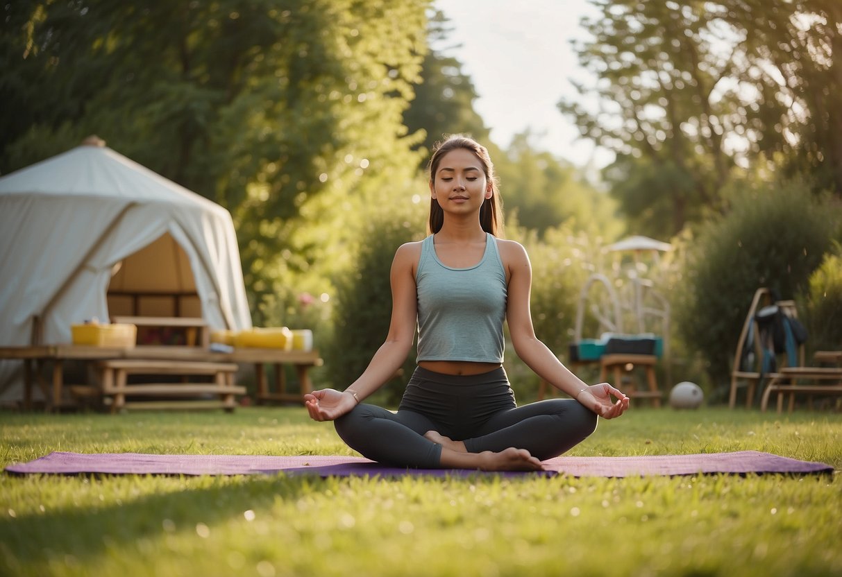 A group of young people yoga in a peaceful garden. A yellow ball flies as two children play yard games. A yurt stands in the distance