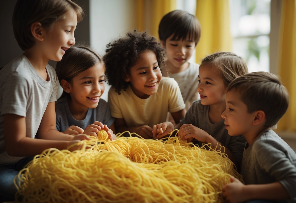 Children gather around a yellow yarn display, engaged in storytelling and reading activities