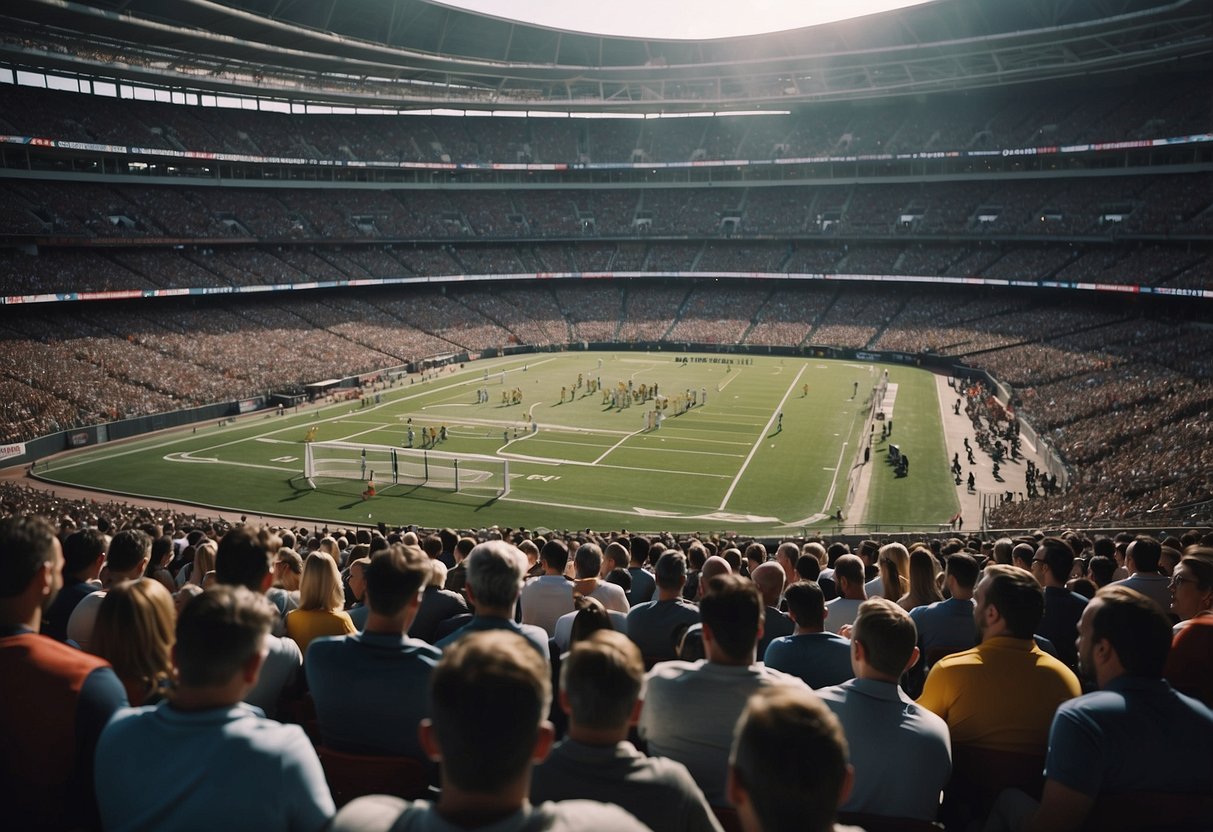 A stadium filled with enthusiastic fans, as professional sports speakers engage with a captivated audience, discussing strategies for success in the sports industry