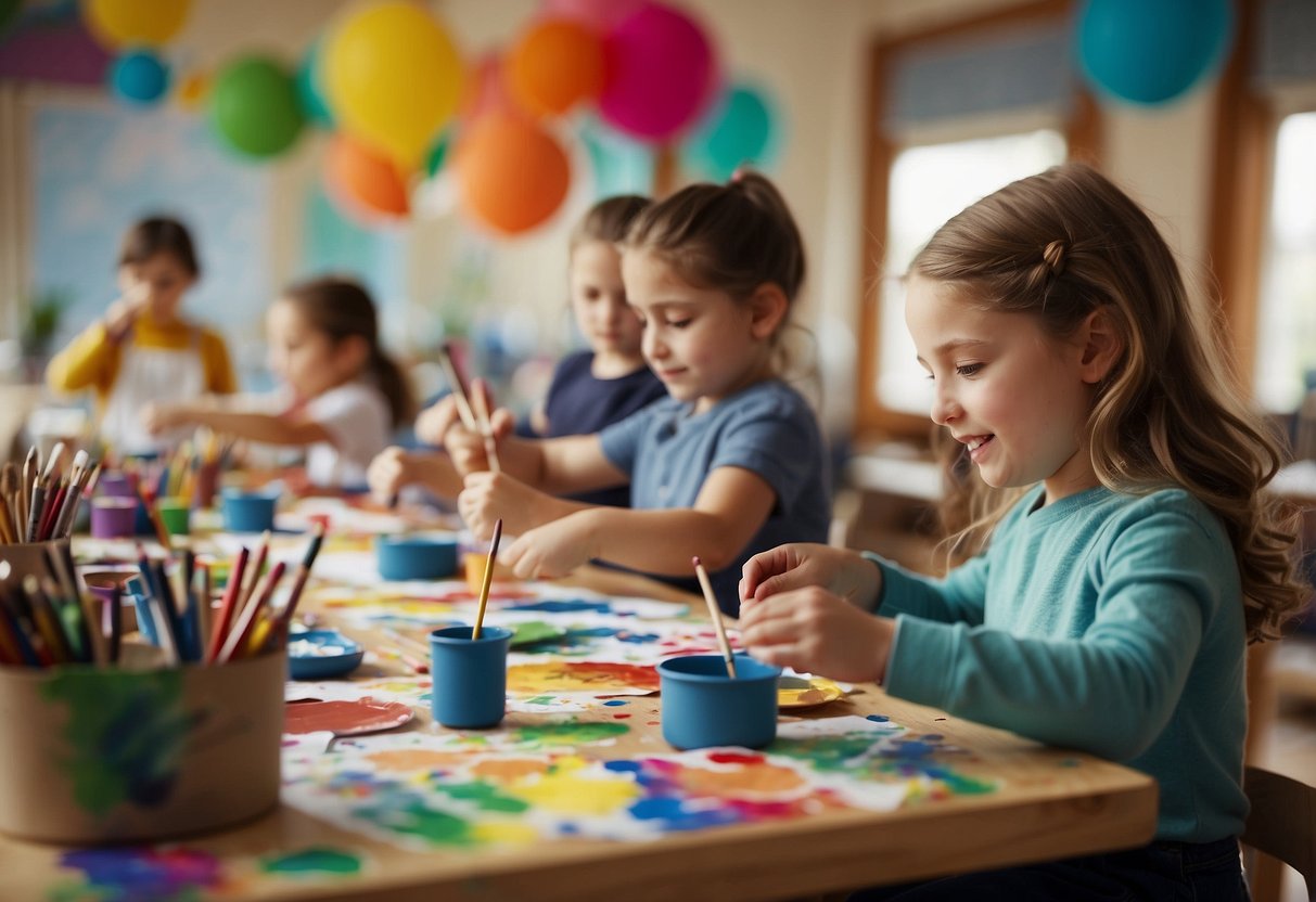 Children painting and drawing at tables with colorful art supplies and paper scattered around. Bright, happy atmosphere with teachers assisting