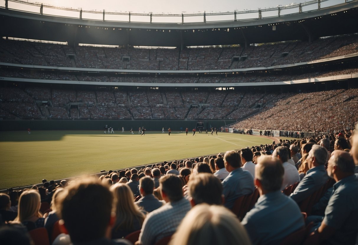 A sports stadium filled with eager attendees as a speaker confidently negotiates terms and fees on stage