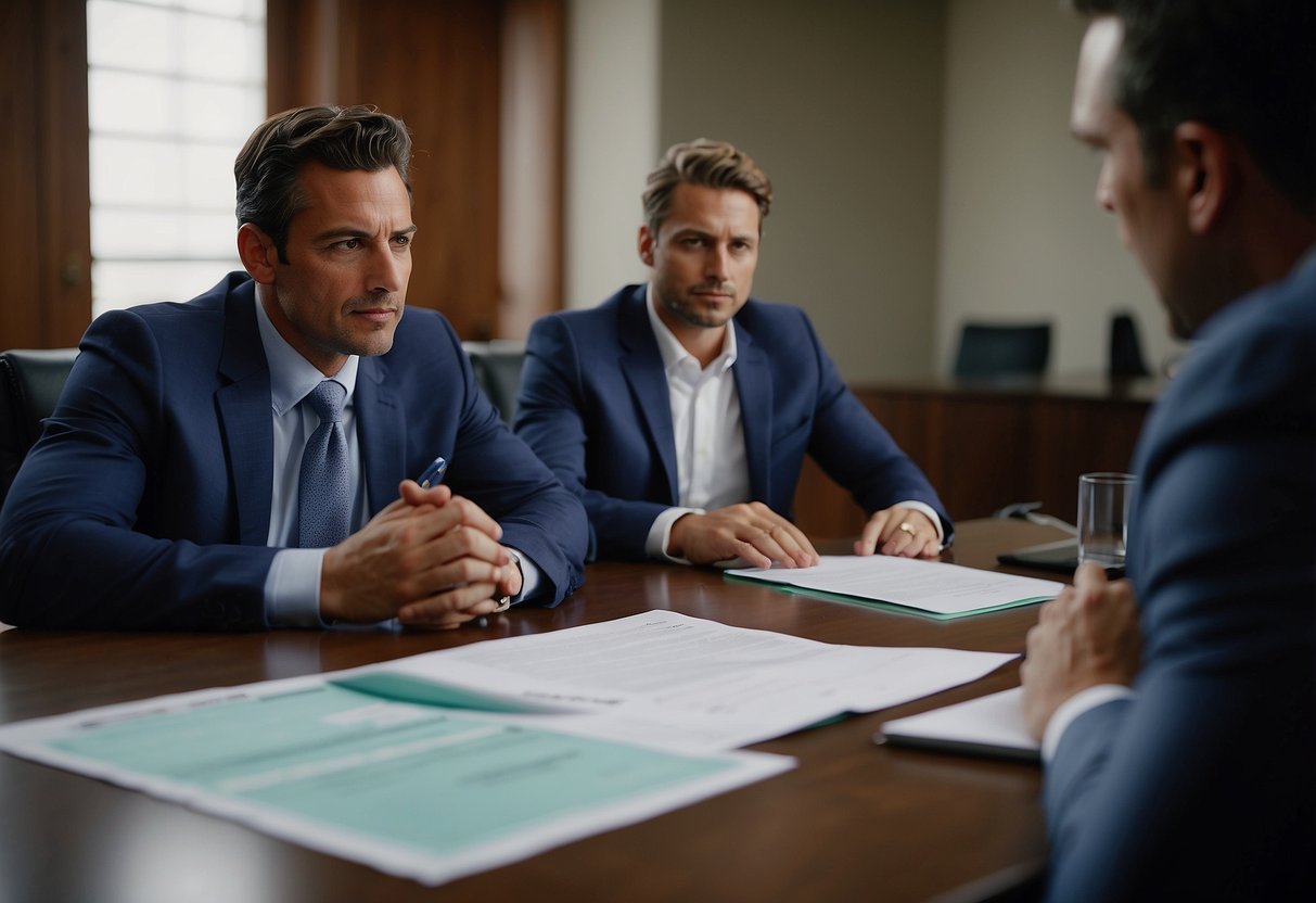 A sports agent and a representative from a sports organization sit across from each other at a conference table, engaged in intense discussion. A contract and pen are visible on the table