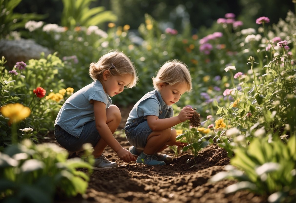 Children explore a lush garden, feeling the cool soil, smelling fragrant flowers, and hearing birds chirping. They pour water, scoop dirt, and observe insects, engaging in sensory play and learning