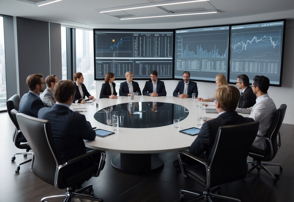 A group of industry experts discussing speaker fee fundamentals in a boardroom setting. Tables and chairs arranged in a professional manner, with charts and graphs displayed on a screen in the background