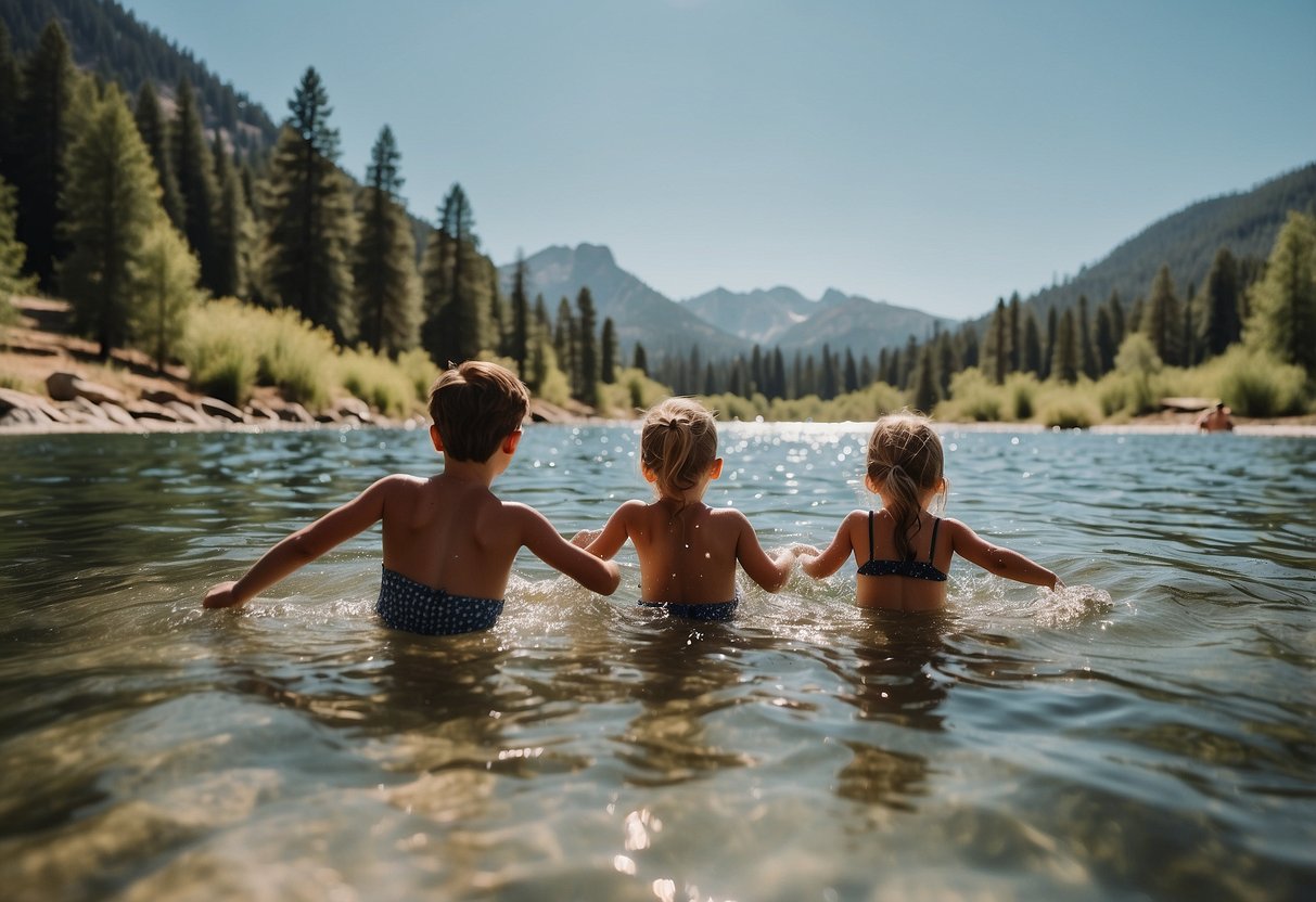 Children splashing in a crystal-clear lake, surrounded by towering pine trees and majestic mountains in the background. A family enjoys a day of swimming and water fun in the beautiful natural landscape of Utah