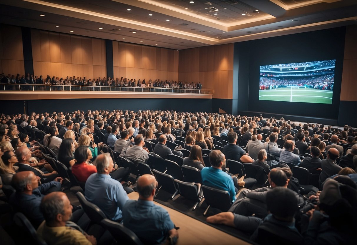 A crowded conference hall with a stage, podium, and large screen displaying market trend data on professional sports personalities' speaker fees