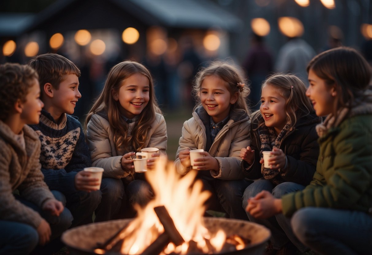 Families gather around a bonfire, roasting marshmallows and singing songs. A carousel spins with children laughing and the scent of hot chocolate fills the air