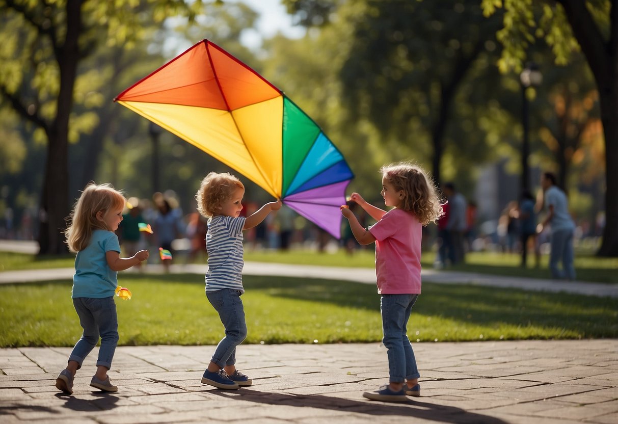 Children playing with colorful kites in a park, while others are painting vibrant rainbows on the sidewalk with chalk