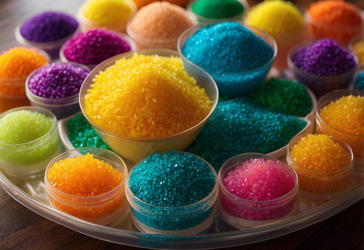 A colorful sensory bin filled with rainbow-colored materials, such as dyed rice, beads, and pom poms. Various play ideas include scooping, pouring, and sorting the vibrant items