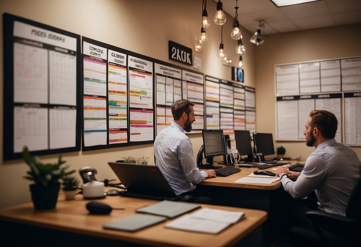A bustling event planning office with a calendar on the wall, a team of organizers coordinating schedules, and a list of high-demand speakers pinned to a bulletin board