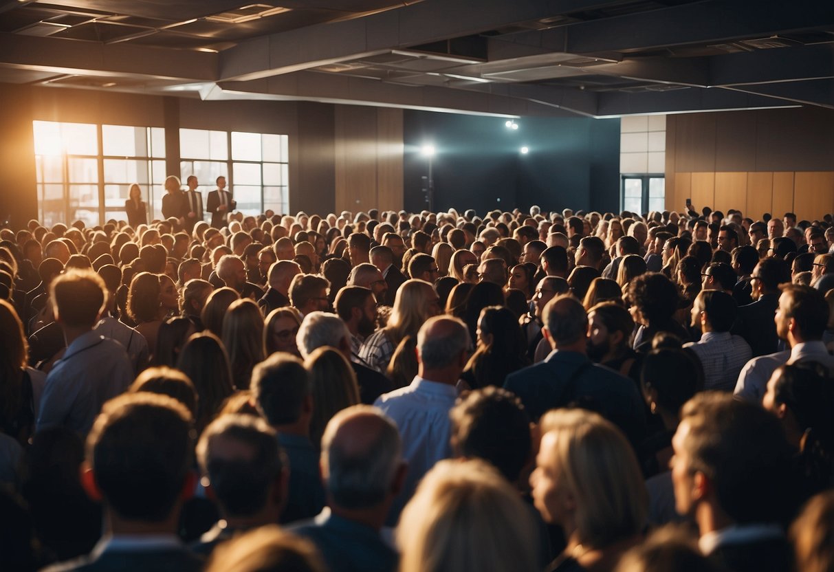 A crowded event venue with a line of eager attendees waiting to enter, while a speaker engages with a captivated audience inside