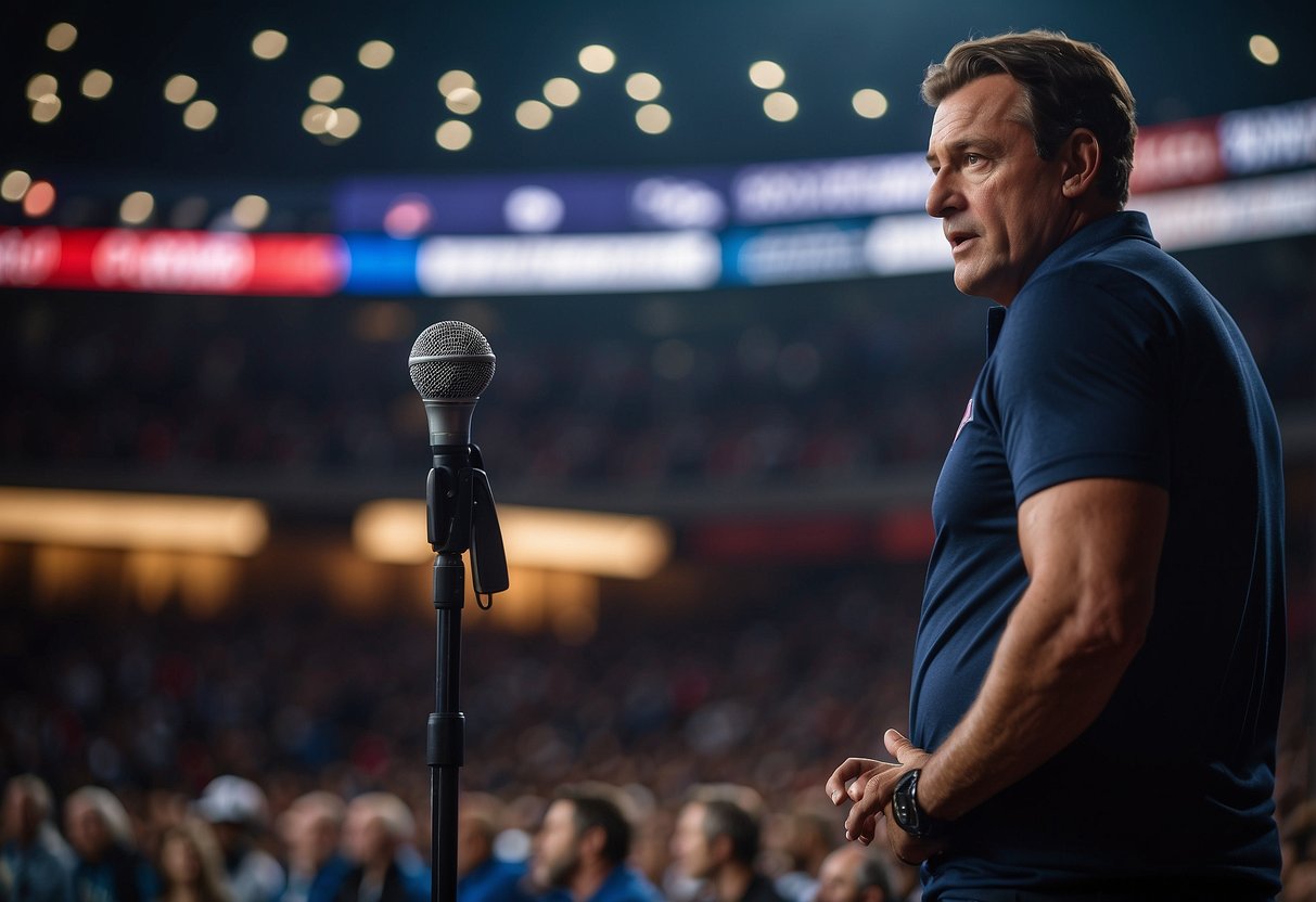 A professional sports speaker stands confidently on stage, addressing a captivated audience. A backdrop of sports memorabilia and a large screen displaying key points add to the dynamic atmosphere