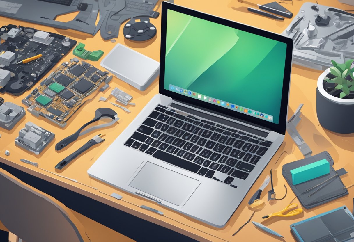 An Apple MacBook with a cracked screen sits on a repair technician's desk, surrounded by tools and equipment. The technician is carefully removing the damaged screen to replace it with a new one