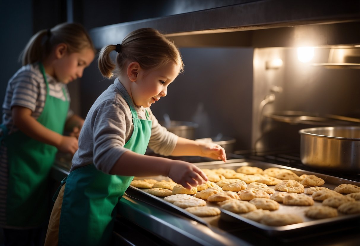 Children mixing batter, flour on the counter, colorful aprons, and a tray of cookies in the oven